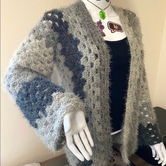 Handmade Crochet “Black Pearl” Cozy Fluffy Cardigan with Pin for closure - Picture 1 of 8